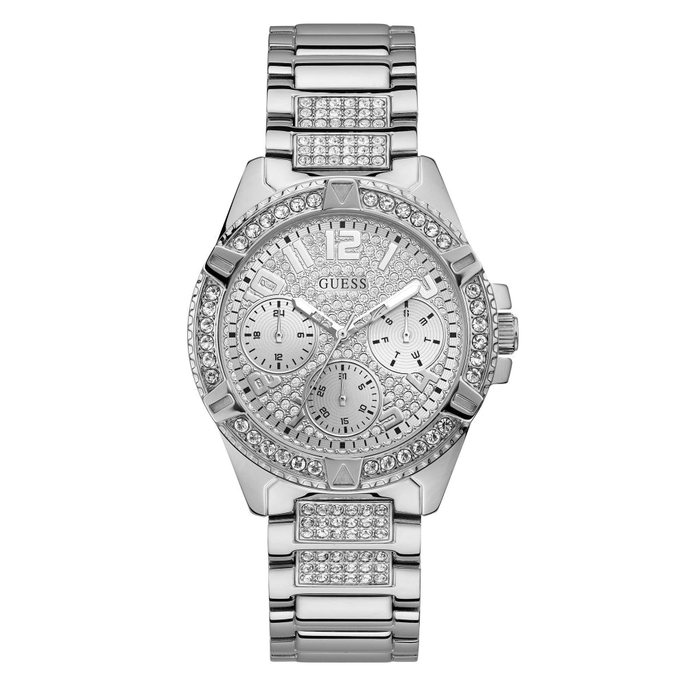 The Guess W1156L1 Ladie's Silver Tone Frontier Watch features a link band, three subdials, and sparkling Swarovski crystals for added elegance.