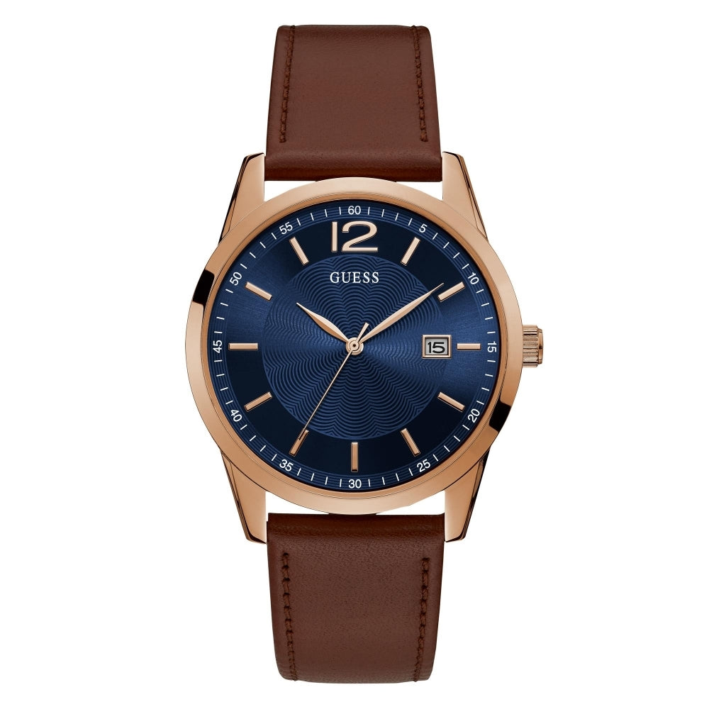 The Guess W1186G3 Men's Perry Brown Strap Wristwatch features a rose gold case, blue dial, date display, and a refined brown leather strap.