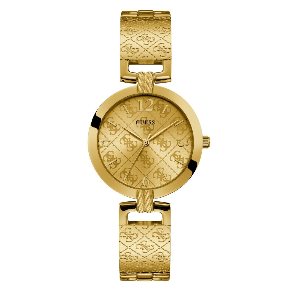 The Guess W1228L2 Women's G Luxe Gold Tone watch features a patterned face and band with the Guess logo and monogram design, plus an adjustable bracelet for comfort.