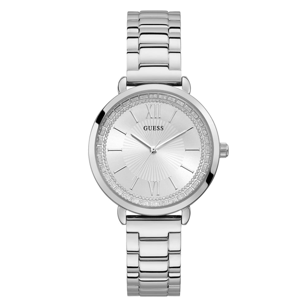 The Guess W1231L1 Ladies Posh Silver Tone Watch features a stainless steel case, metal link band, round face with silver textured dial, Roman numeral markers, crystal-set bezel, and three-hand analog display.