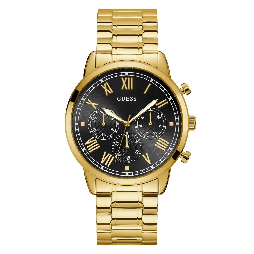 The Guess W1309G2 Men's Hendrix Gold Tone Wristwatch features a black dial with Roman numeral hour markers, three subdials, and a gold-plated stainless steel link bracelet.