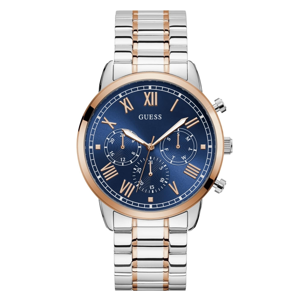 The Guess W1309G4 Men's Hendrix features a blue dial, gold Roman numerals, three subdials, and a two-tone stainless steel bracelet for timeless style.