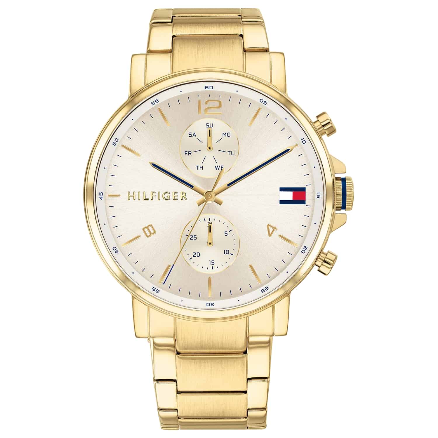 The Tommy Hilfiger Daniel 44 mm 1710415 is a stylish men's watch with a gold-tone link band, round white dial, three subdials, gold hour markers, and the iconic Hilfiger logo with flag on the face.