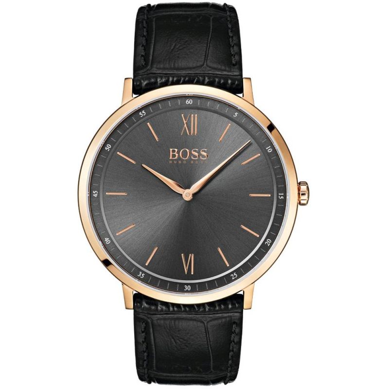 The Hugo Boss 1513649 Essential Men's Watch features a black leather strap, round black dial, gold-tone case, minimalist indices, and "BOSS" branding below the 12 o'clock position.