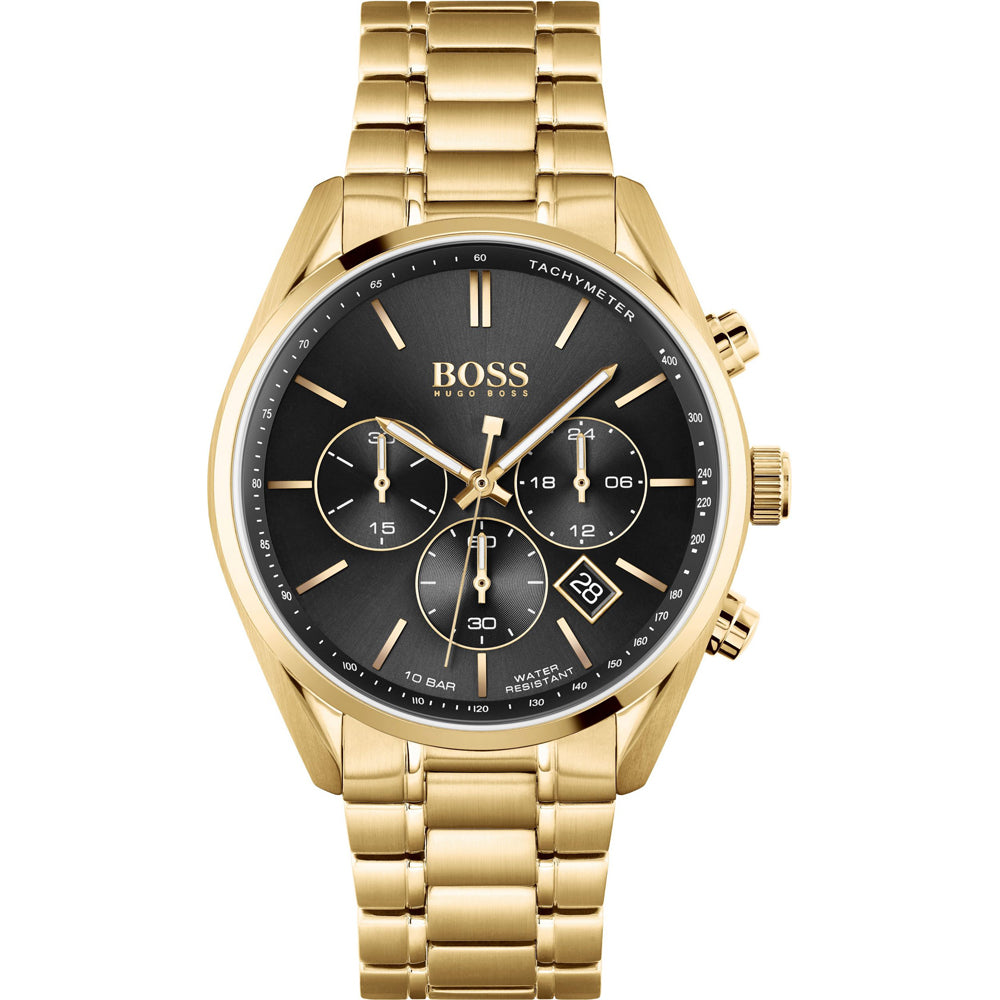 The Hugo Boss Champion 1513848 is a gold-tone stainless steel men's chronograph watch featuring a black dial, three subdials, date window, tachymeter markings, and a stylish metal link bracelet.