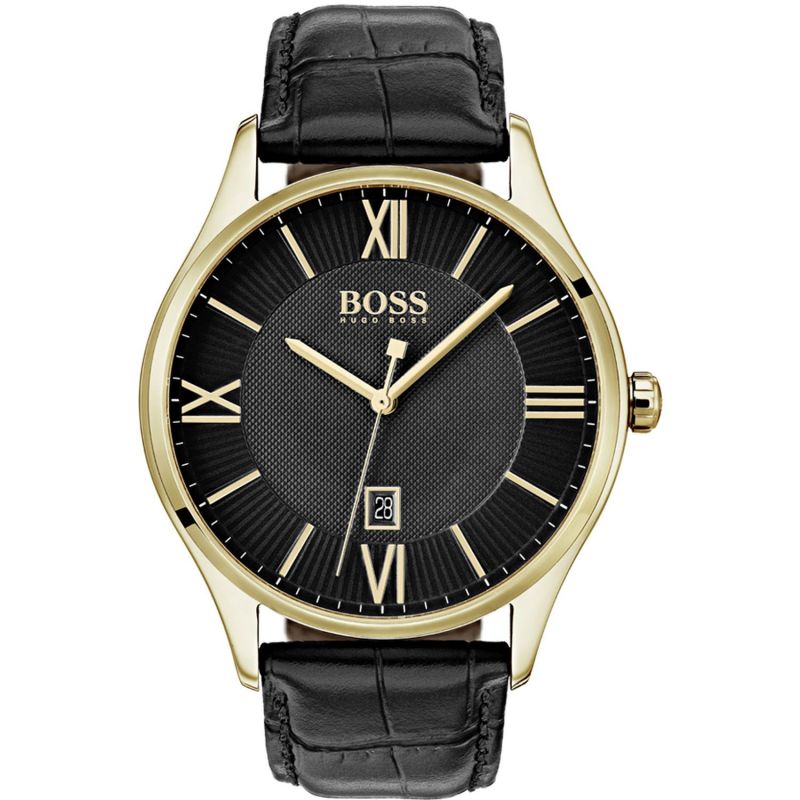 The HUGO BOSS Governor Two Colour Men's Watch 1513554 has an analogue quartz movement, gold case, black leather strap, black dial with Roman numerals, and a date window at 6 o’clock.
