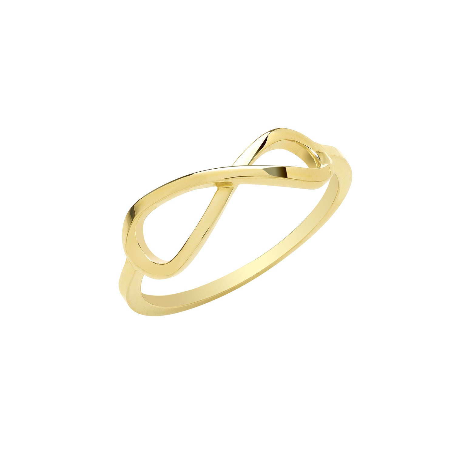 The 9CT GOLD INFINITY RING is a slim yellow gold band with an open infinity symbol design on top, shown against a white background.