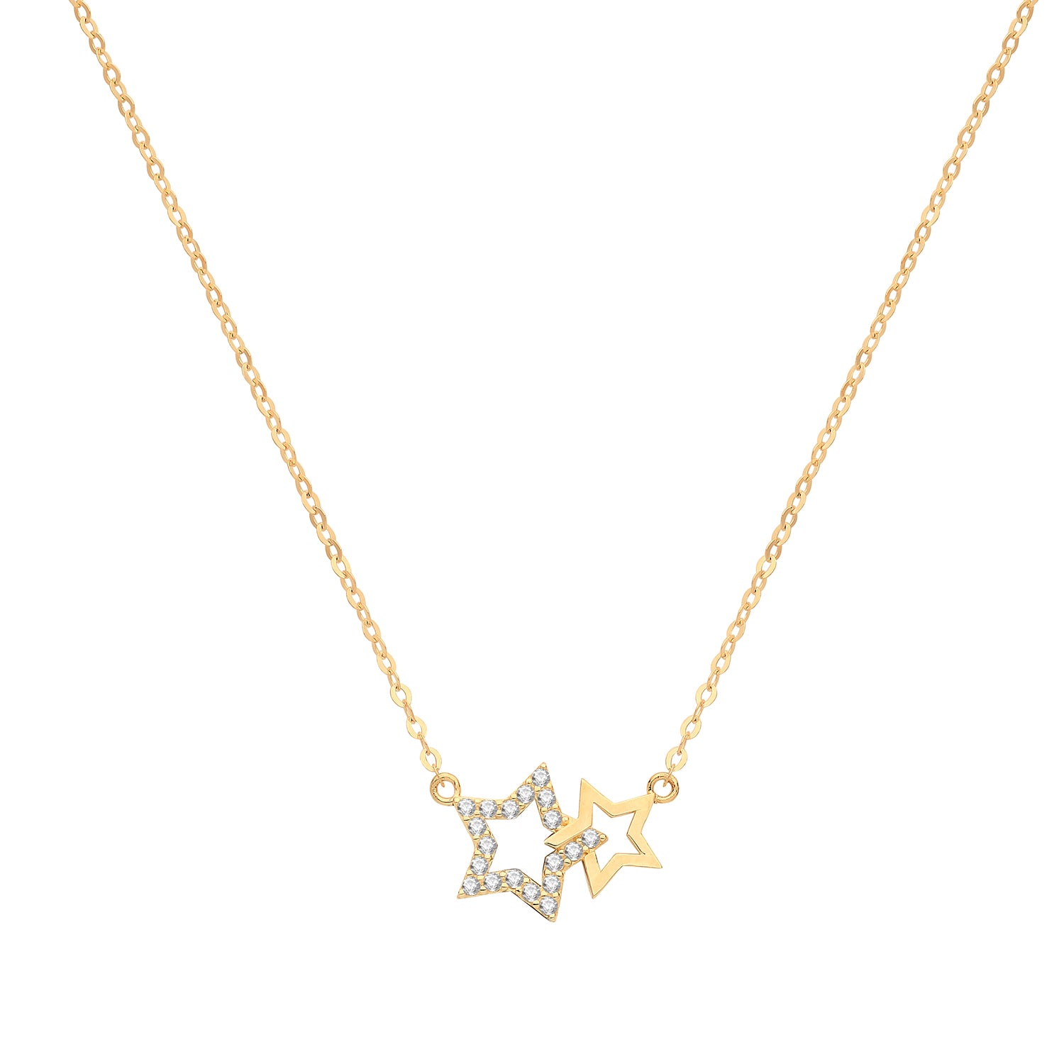 The 9ct Gold Ladies Integral Cubic Zirconia Stars Chain Necklet features two star pendants—one adorned with sparkling cubic zirconia, the other a simple gold outline—on a fine yellow gold chain.