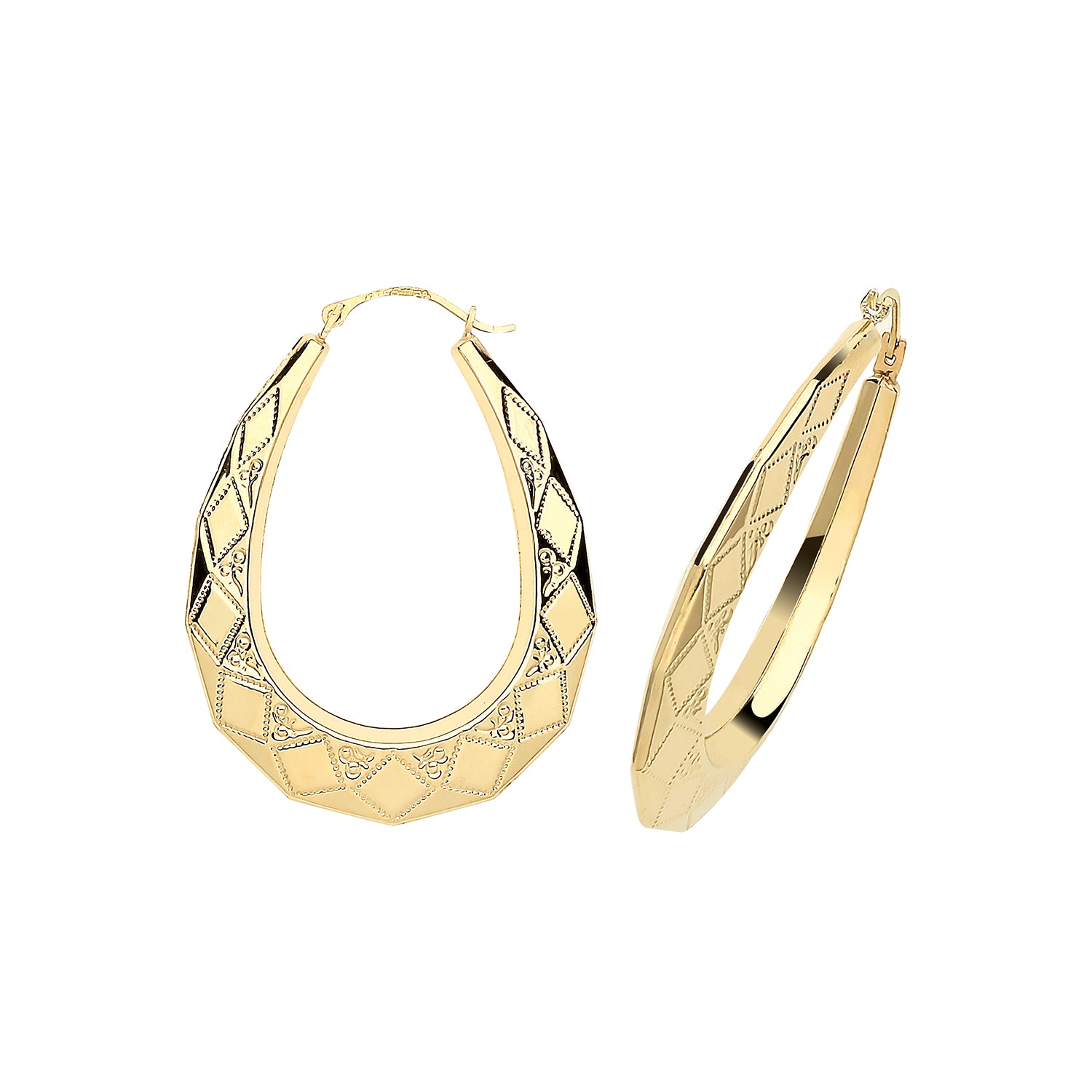 A pair of 9ct gold ladies large oval Harlequin creole earrings, featuring a diamond-patterned texture, shown on a white background.