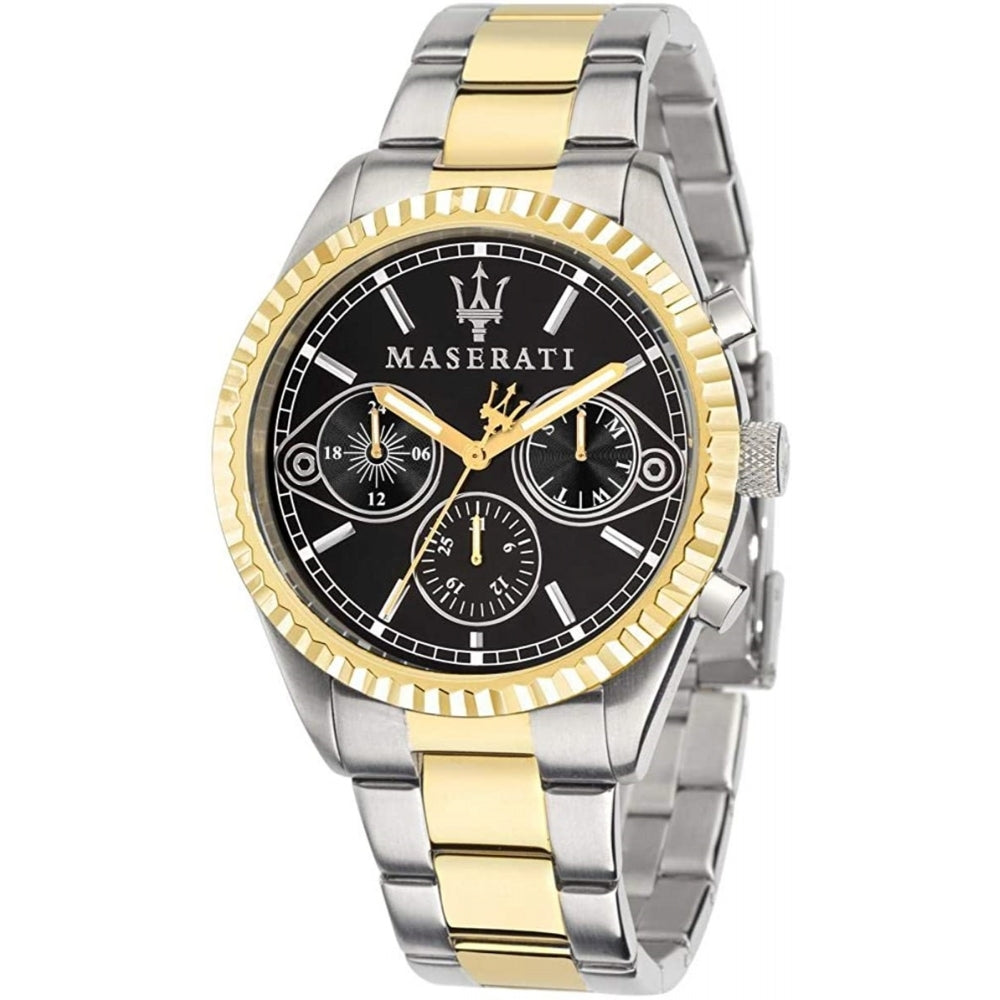The Maserati R8853100016 Men's Competizione Two Tone Watch features a black dial with three subdials, a silver and gold bezel, and a two-tone stainless steel band for a sleek, sophisticated look.