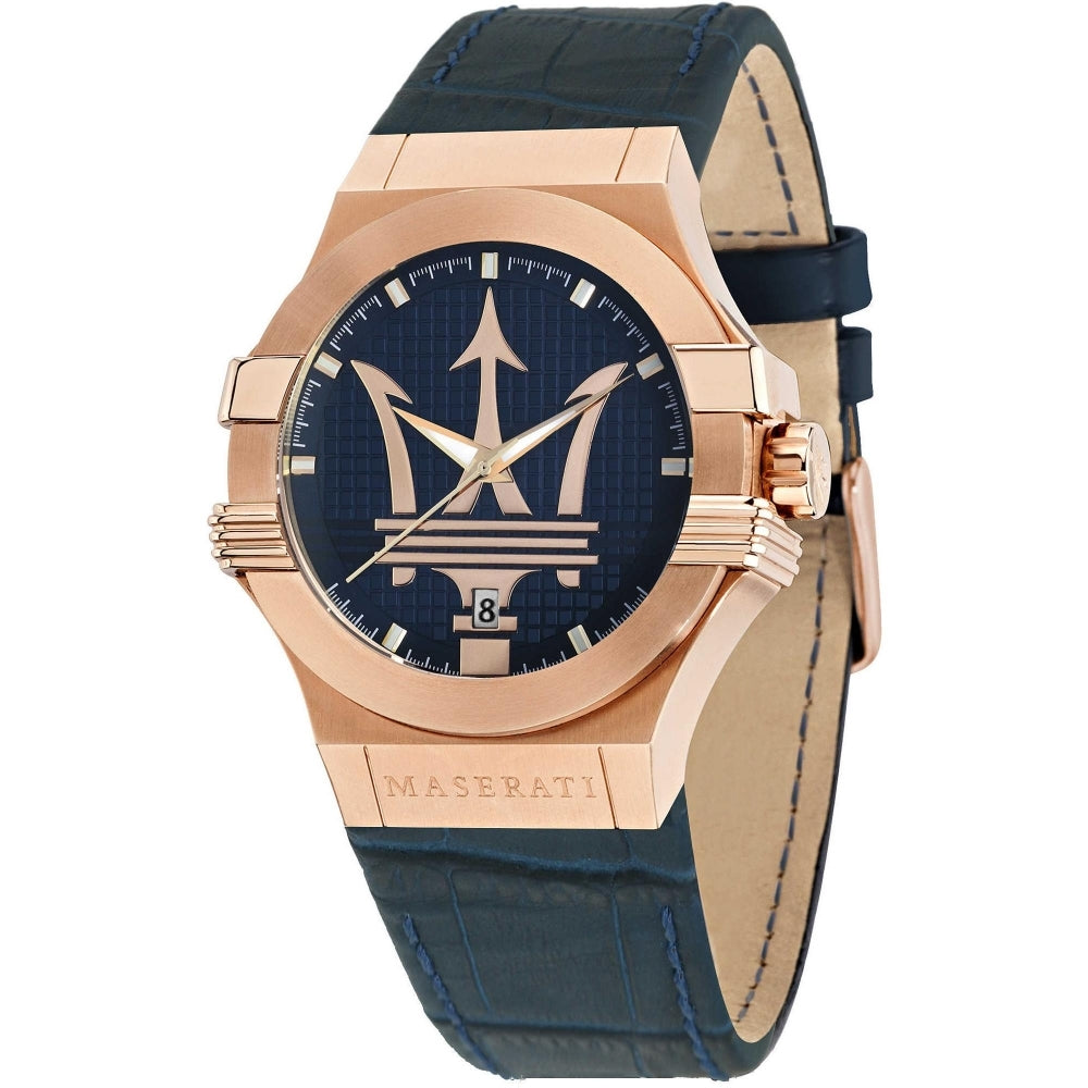 The Maserati R8851108027 Men's Blue Potenza watch features a gold-tone case, bold blue dial with a large trident logo, date window at 6 o'clock, and a stylish blue leather strap.