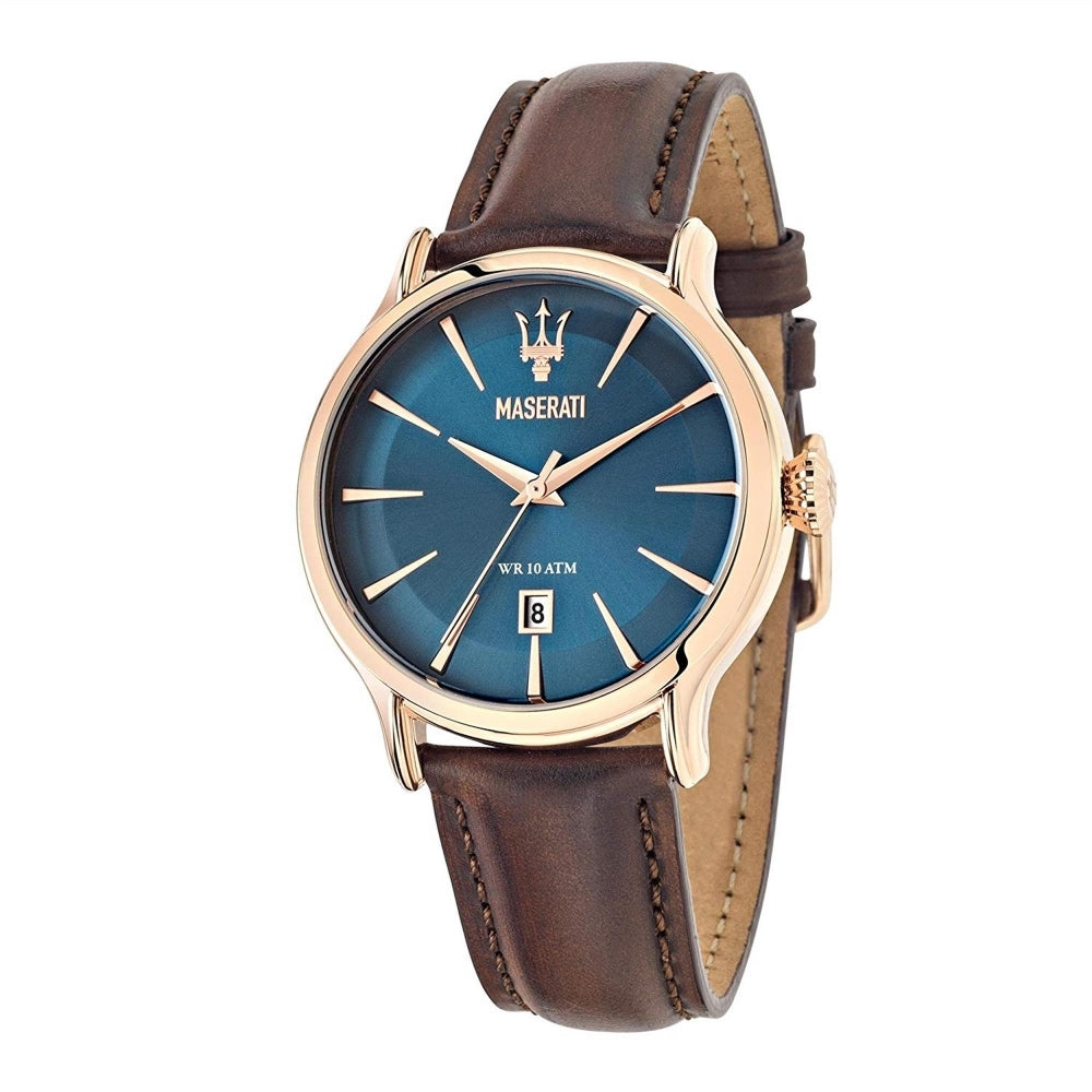 The Maserati R8851118001 Men's Epoca Wristwatch features a blue dial, rose gold-tone case, brown leather strap, date window, and the iconic Maserati logo at 12 o’clock.