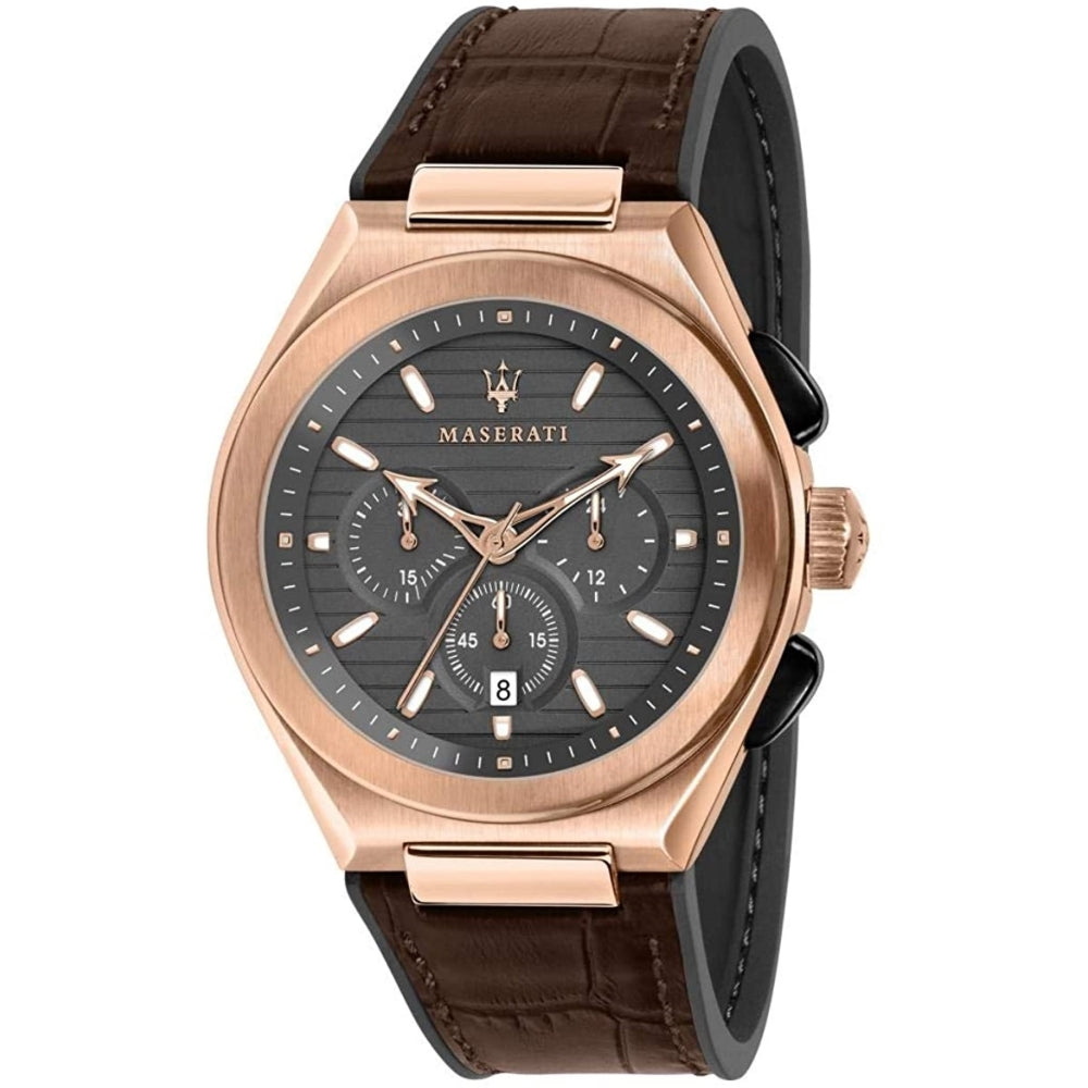 The Maserati R8871639003 Men's Triconic Chronograph boasts a brown leather strap, rose gold case, black dial with three subdials, and a date display at 6 o'clock—an elegant choice for any occasion.