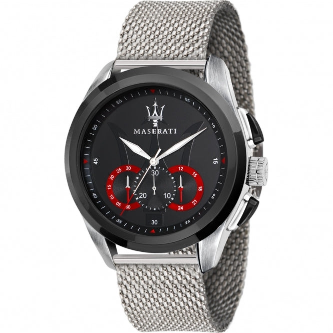 The Maserati R8873612005 Men's Traguardo Chronograph Watch features a black dial, silver stainless steel mesh bracelet, red accents, and three subdials, displayed against a white background.