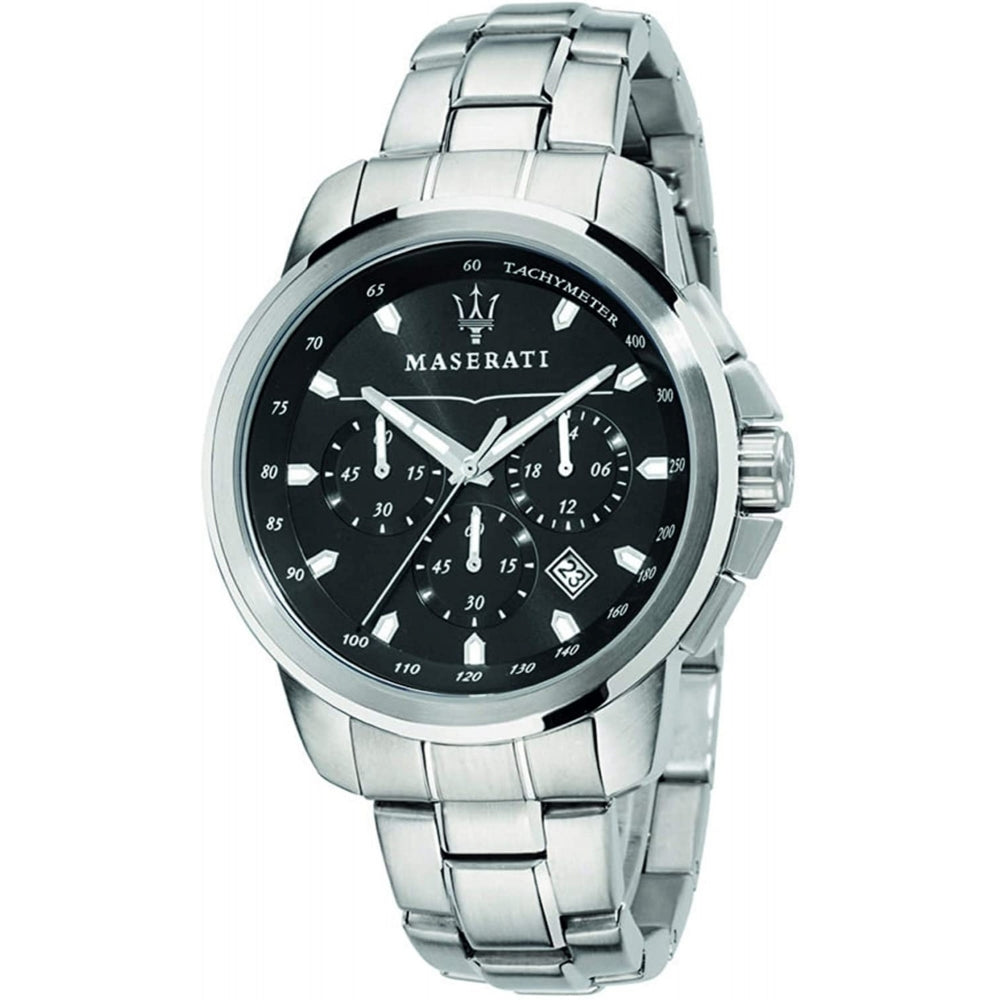 The Maserati R8873621001 Men's Successo Chronograph Watch features a stainless steel case, black dial, three subdials, date window, and tachymeter bezel markings.