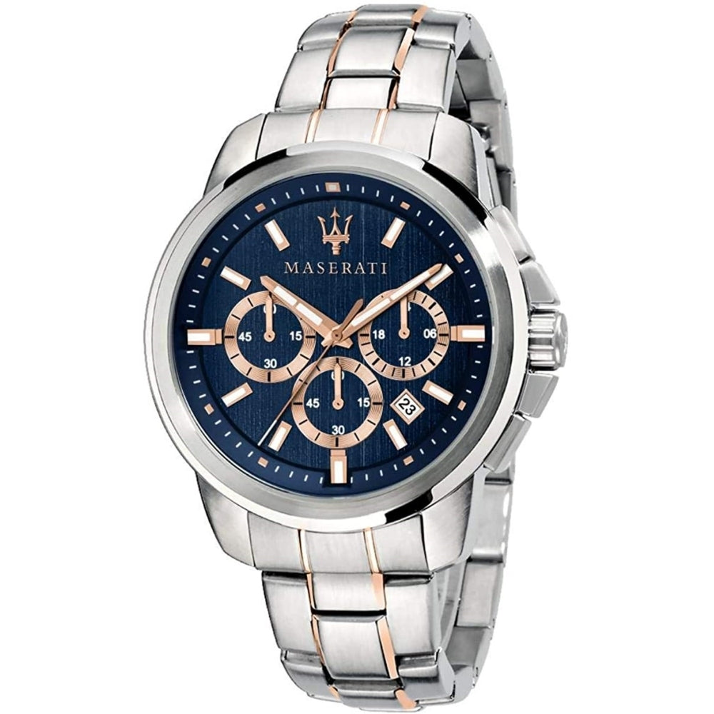 The Maserati R8873621008 Men's Successo Chronograph Two Tone Wristwatch features stainless steel in silver and rose gold, a blue dial with chronograph sub-dials, date display, and the Maserati logo at 12 o’clock.
