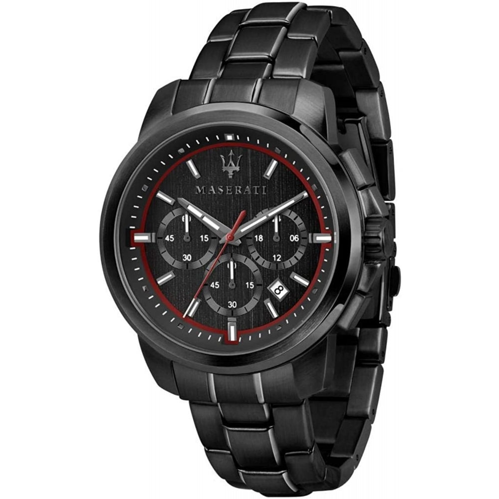 The Maserati R8873621014 Men's Successo Chronograph Black Watch features a black dial, stainless steel band, red accents, and three precise chronograph subdials.