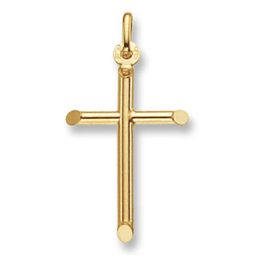 9CT GOLD MED TUBE CROSS PENDANT featuring rounded edges and a top loop for chain attachment, shown on a white background.