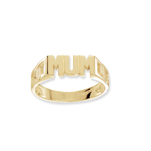 The 9CT GOLD LADIES MUM RING CURB SIDES features "MUM" in bold capitals set into yellow gold with stylish curb sides—an elegant ring design perfect for gifting.