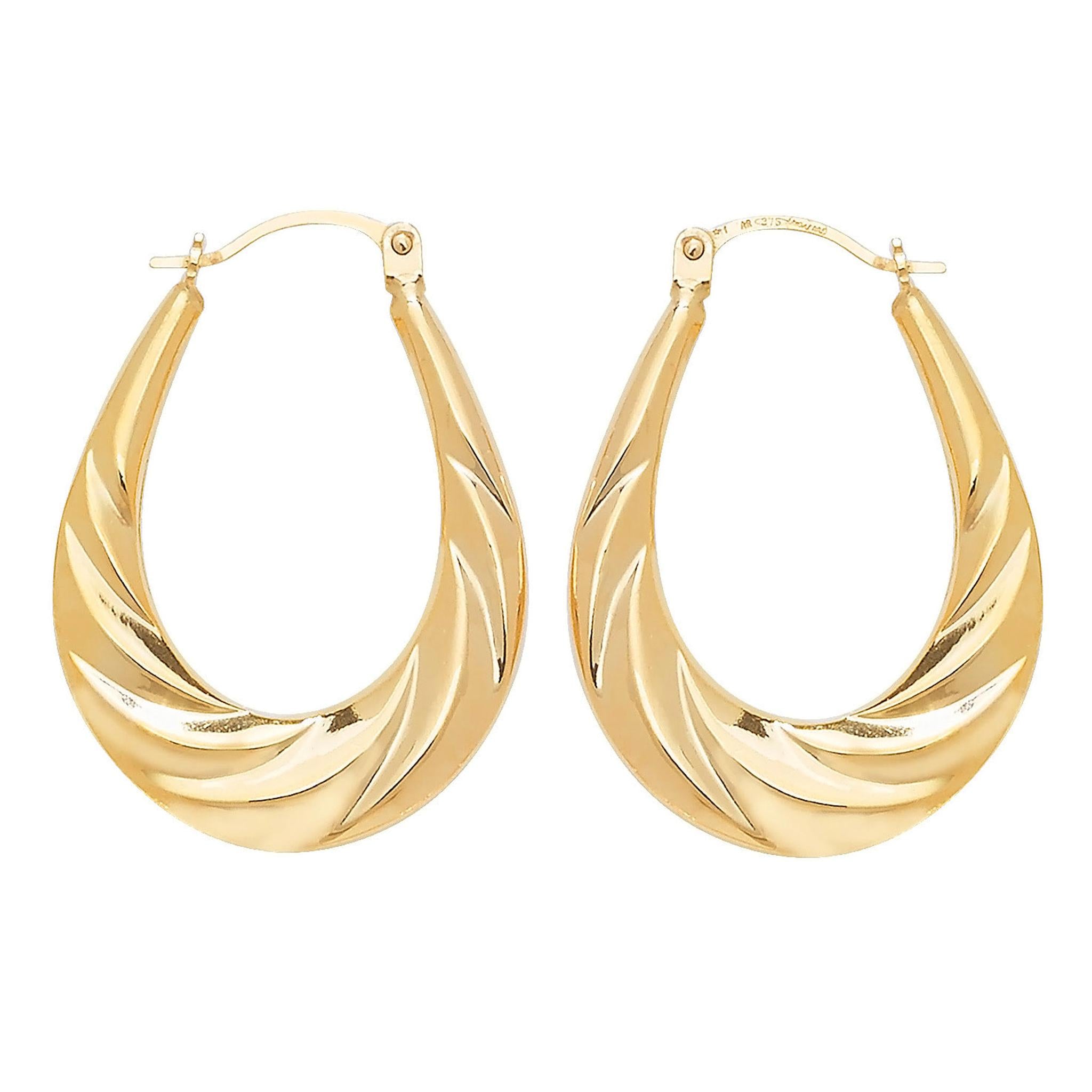 Pair of 9ct gold oval polished creole earrings displayed on a white background.