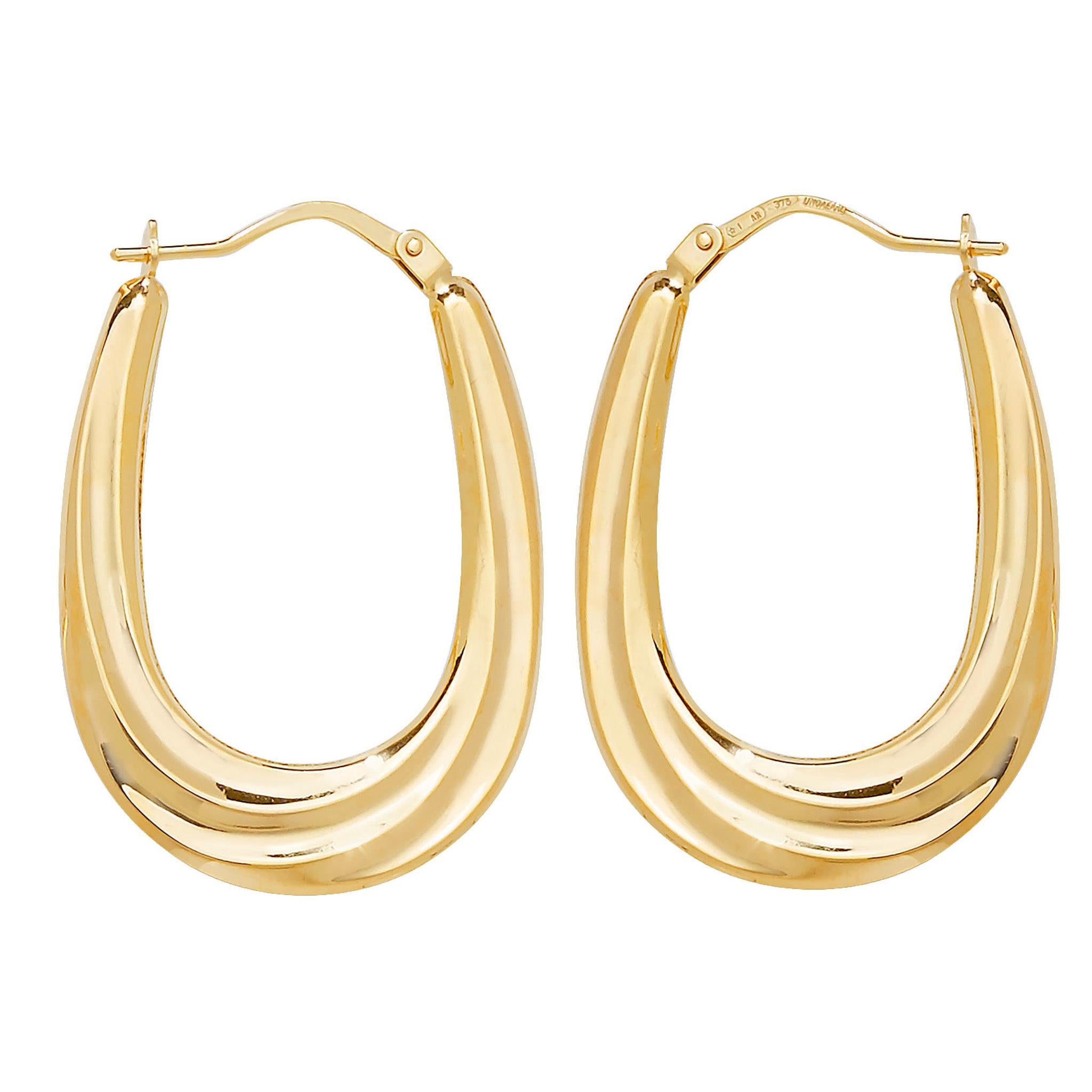 9CT GOLD OVAL RIPPLE POLISHED CREOLE EARRINGS: Crafted in 9ct yellow gold with a layered, curved ripple design and secure latch-back closures, shown on a white background.