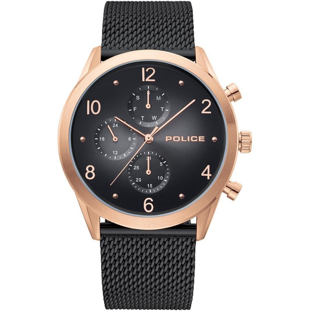 The POLICE Silfra 15922JSR/02MM is a rose gold men’s watch with a black mesh strap, black dial, gold numbers and hands, three subdials, and the “POLICE” logo on the right.