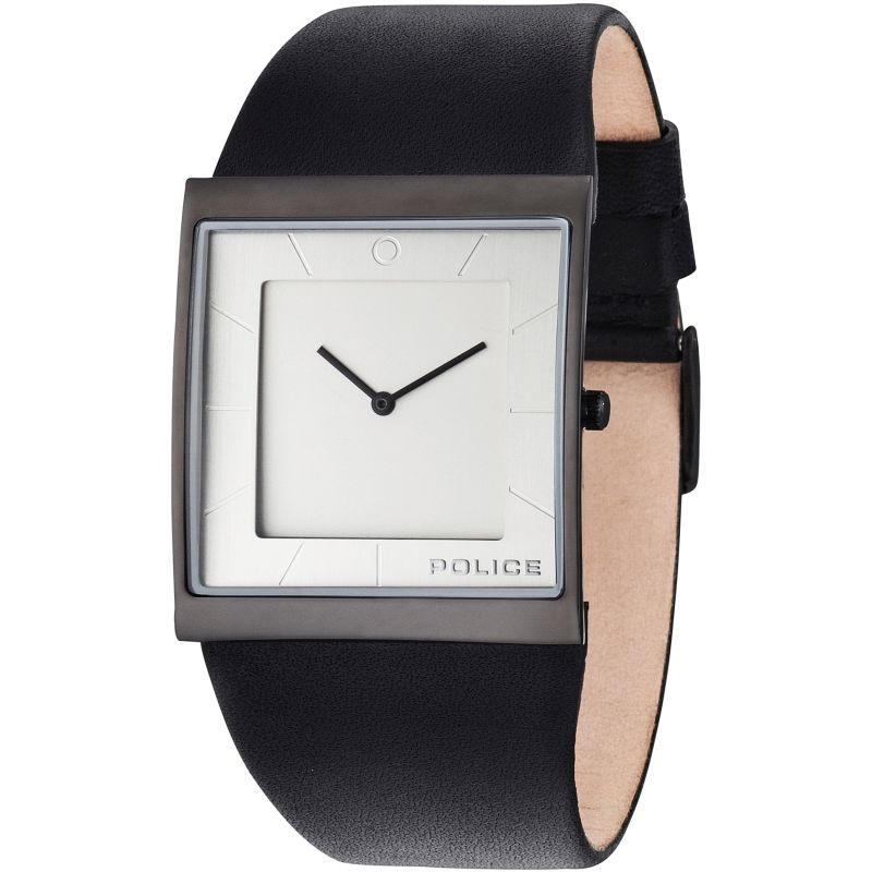 The Police Skyline X Men's Black Leather Strap Watch 14694MSB/04 features a square stainless steel case, minimalist white dial, black hour & minute hands, and "POLICE" on the face.