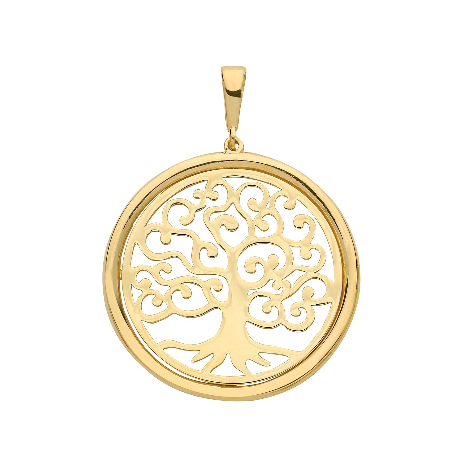 The 9CT GOLD PLAIN ROUND TREE OF LIFE PENDANT features an elegant round design with a detailed tree of life cutout and swirling branches in polished yellow gold.