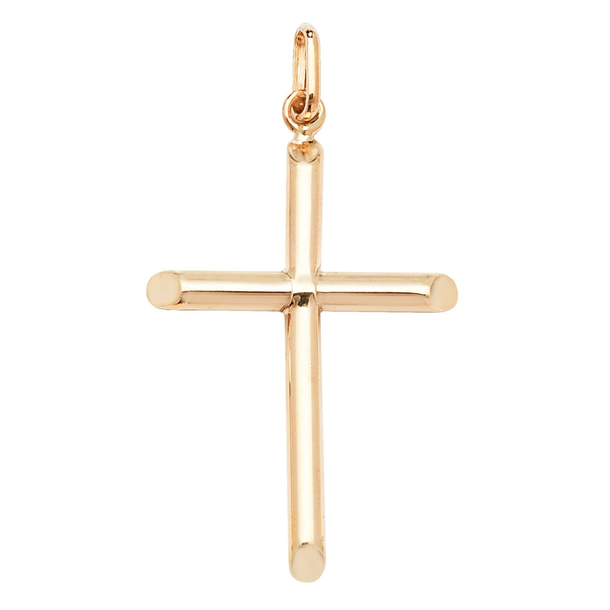The 9ct GOLD PLAIN TUBE CROSS is a simple gold pendant featuring a smooth, plain tube design and a small loop for attaching to a chain—perfect for everyday wear.