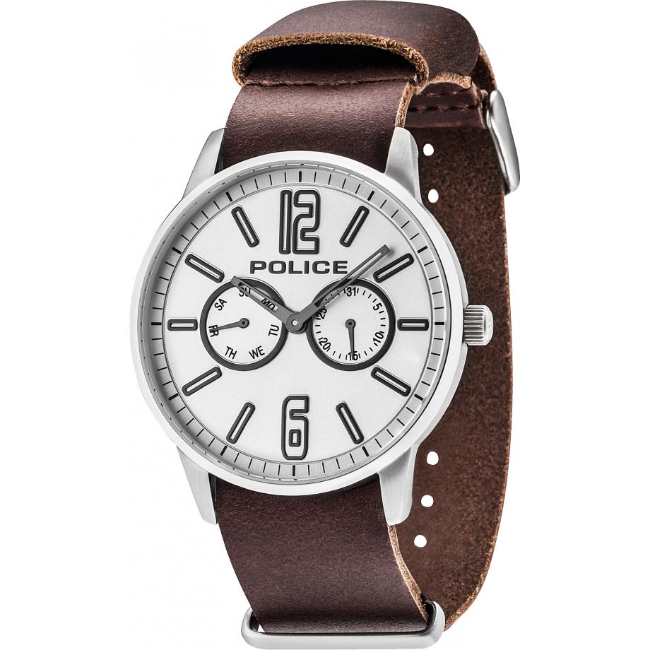 The Police Mens Esquire 14766JS/04 X watch features a stainless steel case, white face with black hour markers, two subdials, and a dark brown leather strap. The "POLICE" logo appears on the face for a classic touch.