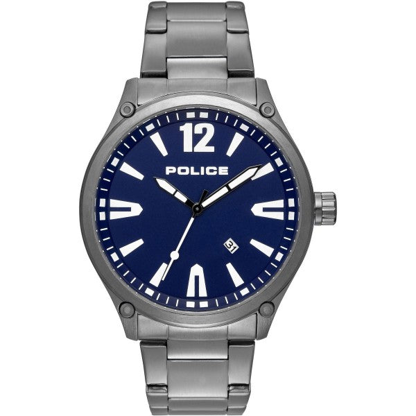 The Police Men's Denton Grey Tone Bracelet Watch (15244JBU/03M) features a silver stainless steel design, blue face, white hour markers, and a date display at the 4 o’clock position—perfect for a stylish look.