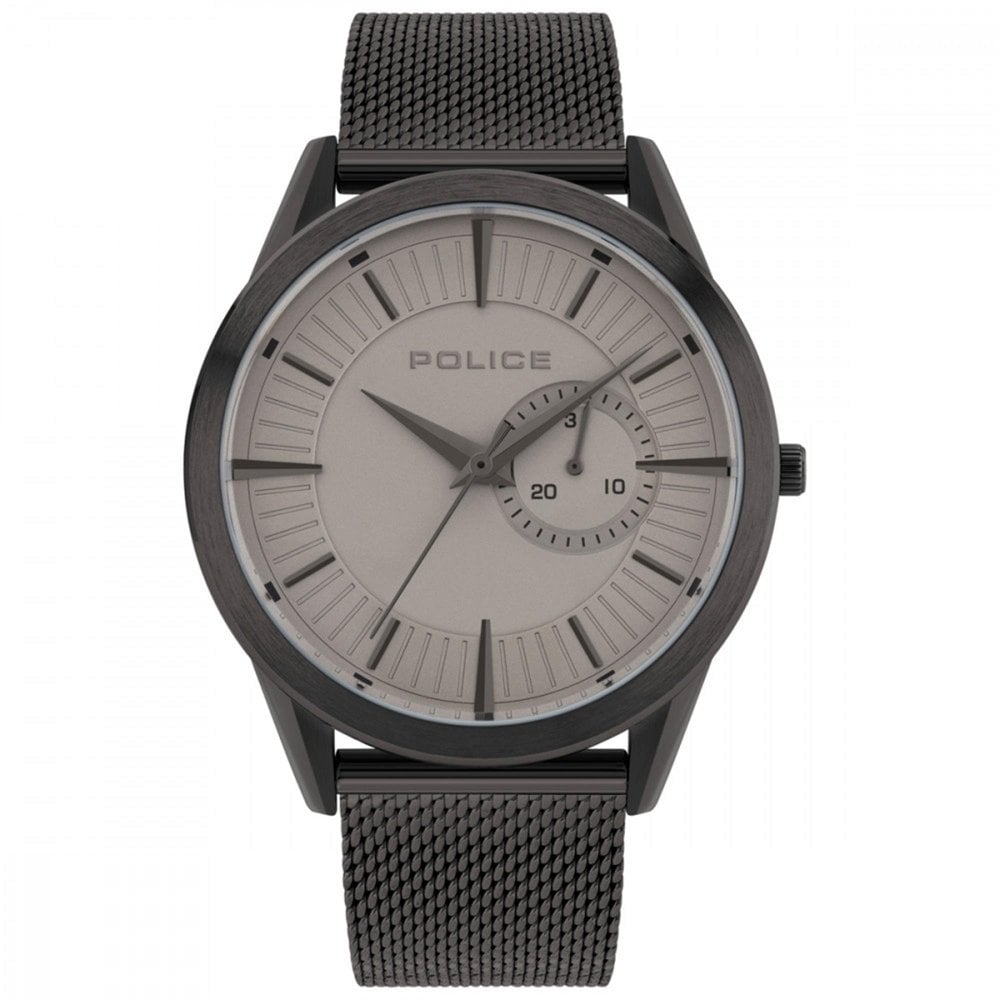 The Police Men's Helder 15919JSU/79MM watch features a gunmetal grey mesh stainless steel strap, grey dial with Roman numerals, a subdial showing 10 and 20, water resistance, and the "POLICE" logo on the face.