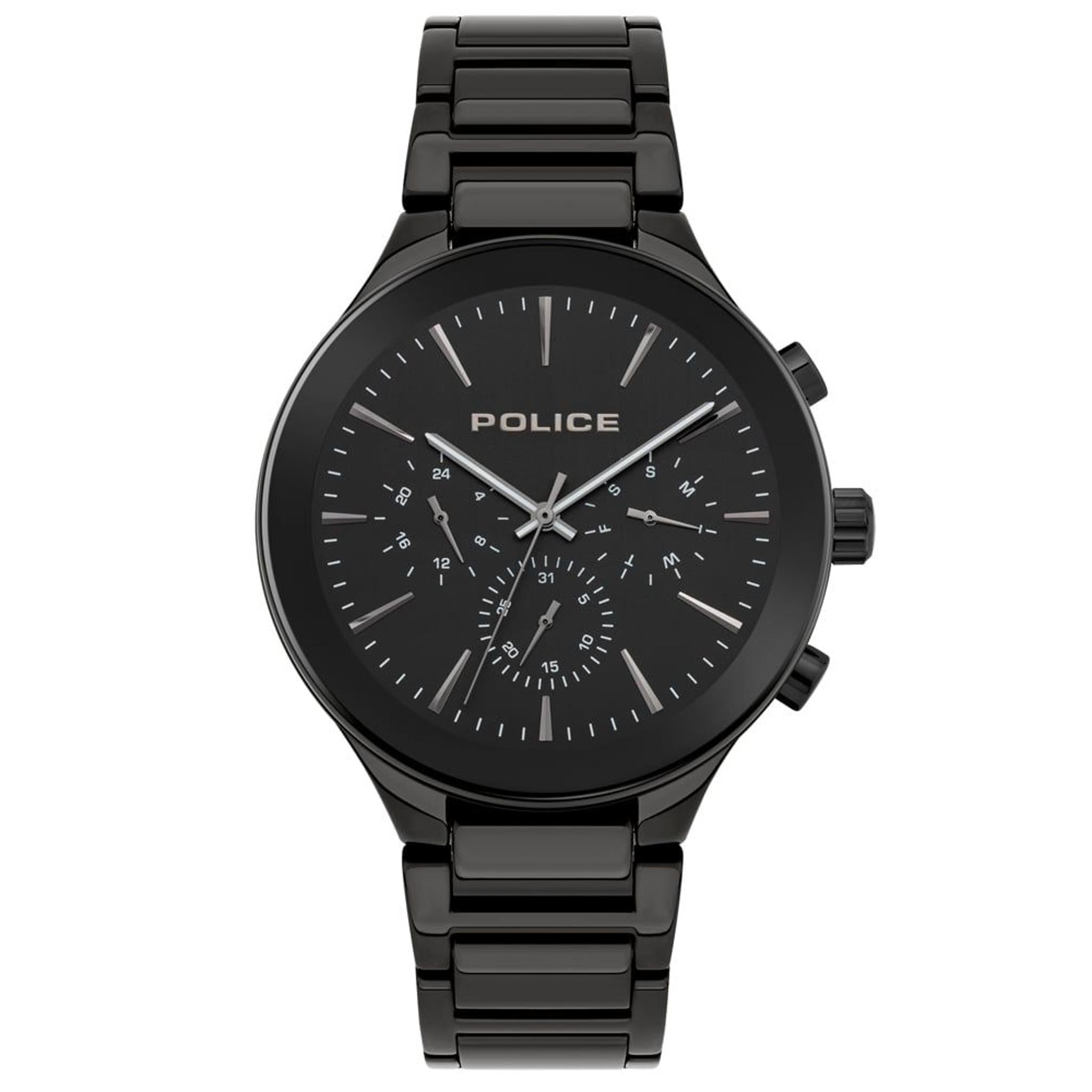 The Police Men's 15936JBU/02M Gifford Black Tone Bracelet Watch features black ion-plated stainless steel, three subdials, silver hour markers, and a matching metal bracelet strap.