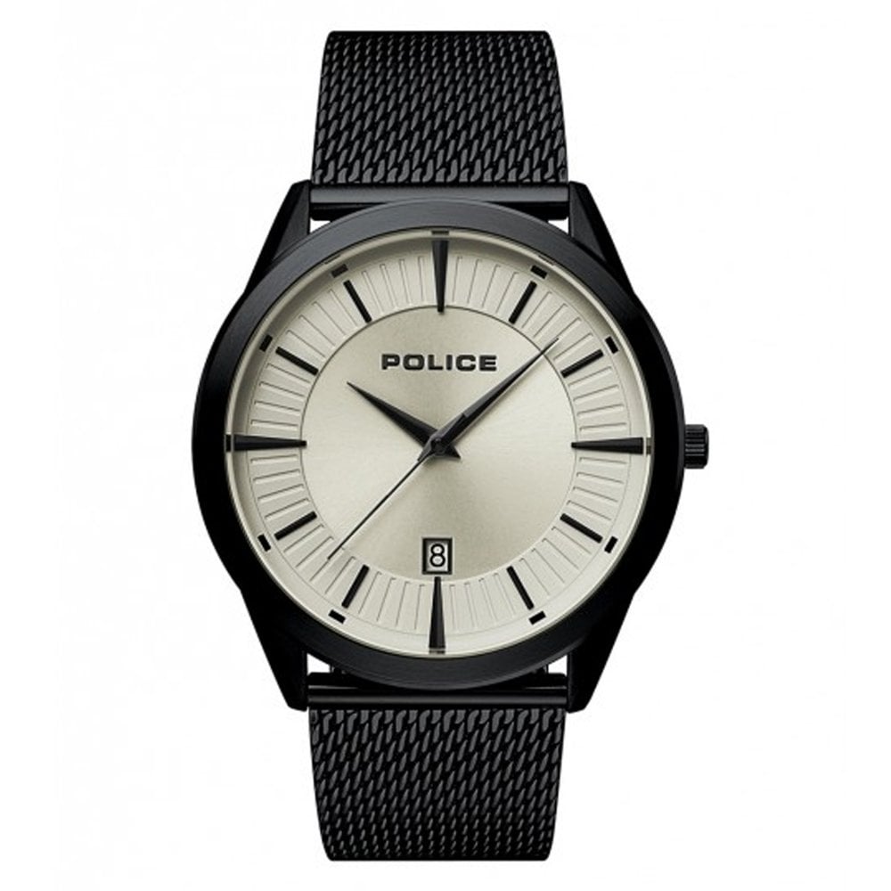 The POLICE 15305JSB/79MM Gents Patriot Black Mesh Watch features a mesh strap, roman numerals, date display at 6 o’clock, and black hands on a light dial. This stylish, water-resistant timepiece is perfect for any occasion.