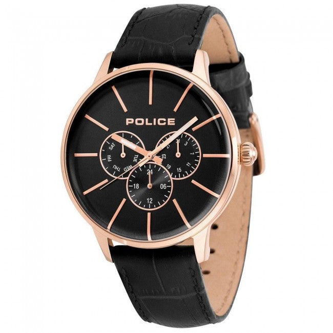 The Police 14999JSR/02 Swift men's watch features a black leather strap, black round dial with rose gold markers, three subdials, water resistance, and bold "POLICE" branding—perfect for a stylish statement.