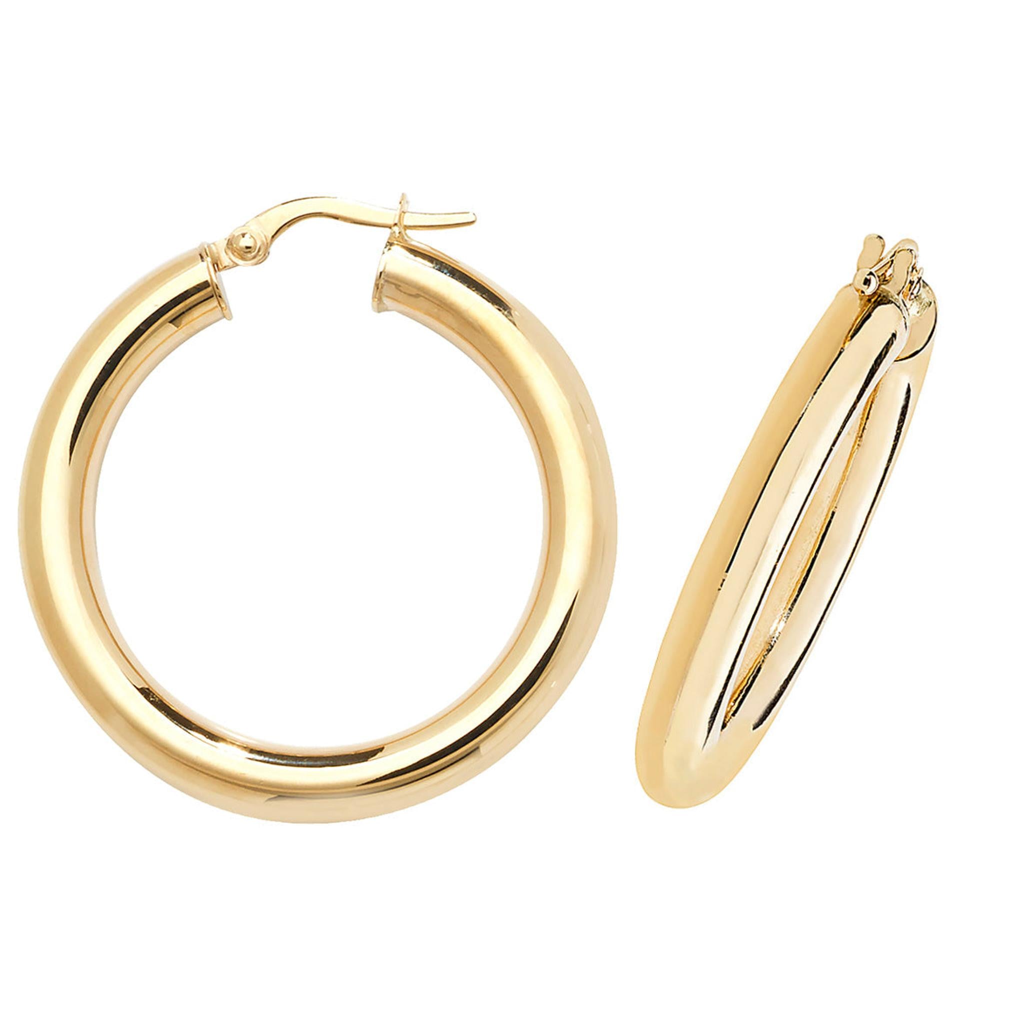 A pair of 9CT GOLD POLISHED 25MM TUBE CREOLE EARRINGS, one lying flat and one standing on its side, are displayed against a white background.