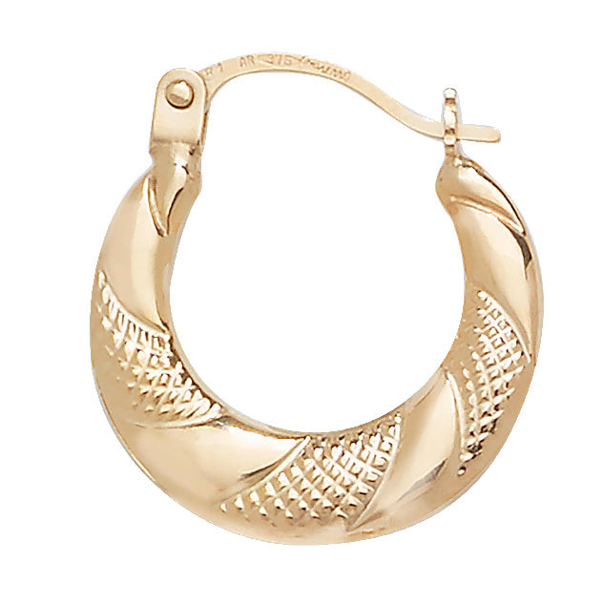 A single 9CT GOLD POLISHED/PITTED CREOLE hoop earring featuring an engraved textured design and a hinged clasp.