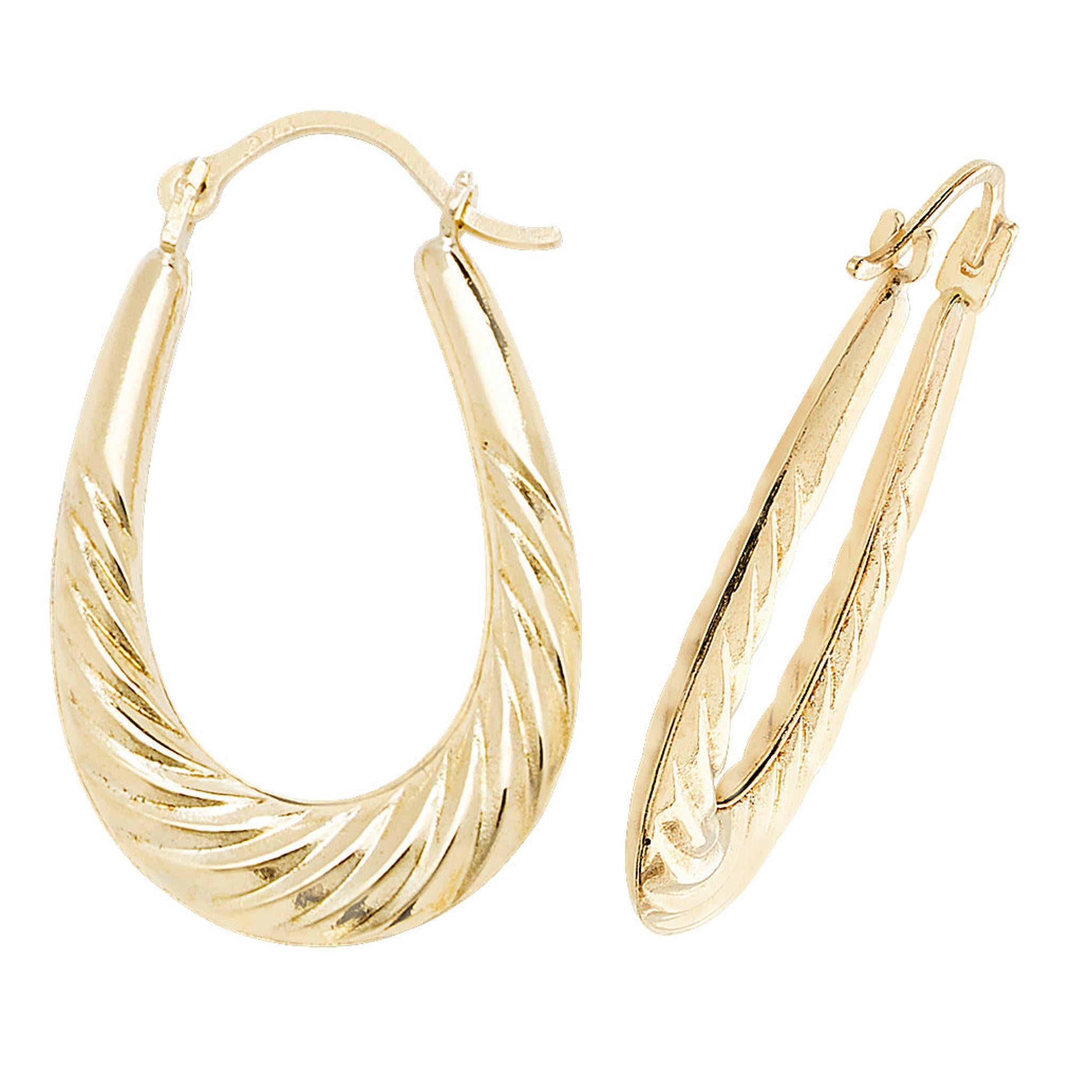 9CT Gold Ladies Ribbed Oval Creole Earrings featuring a twisted, textured design and secure hinged clasps.
