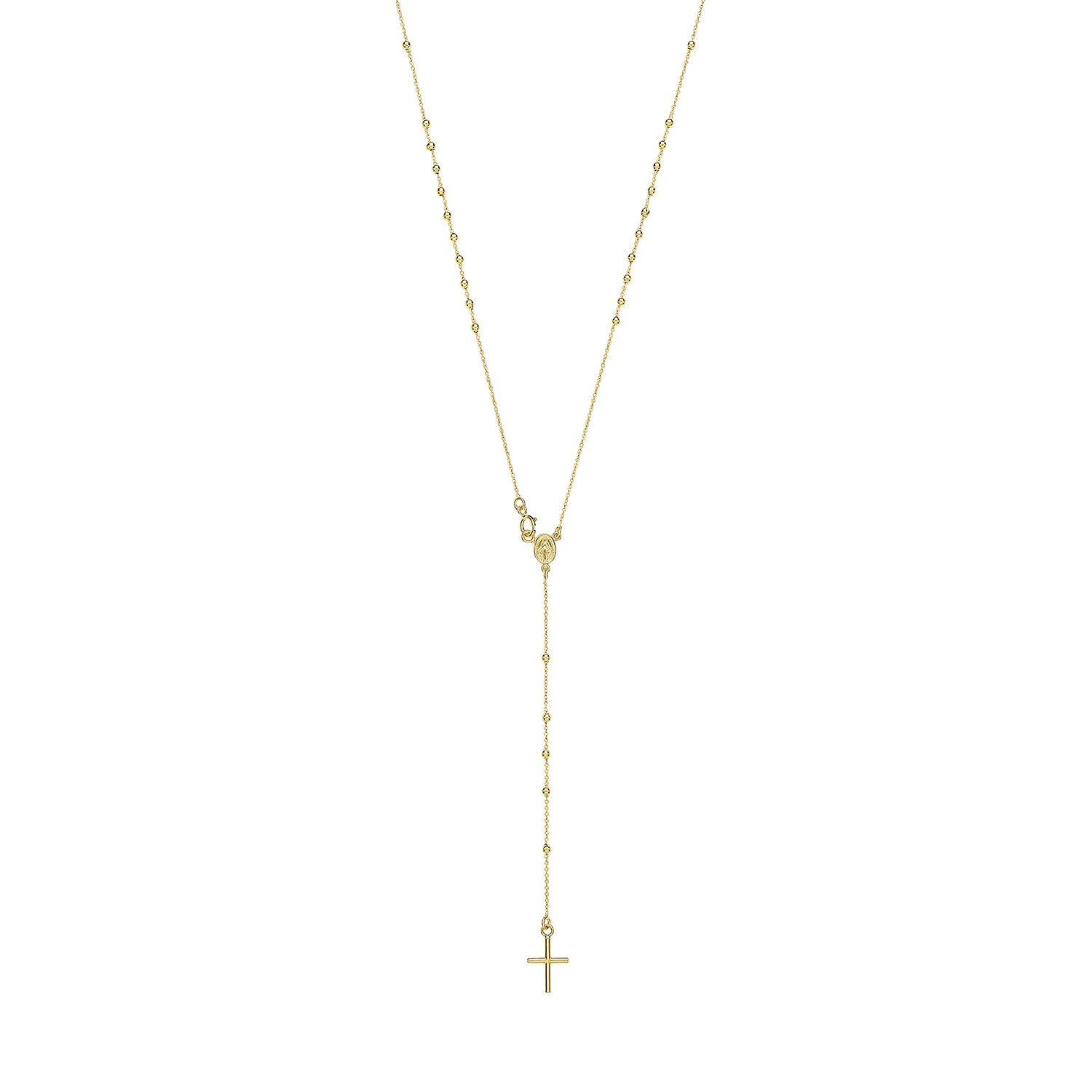 The 9CT GOLD ROSARY NECKLET features a delicate chain with small beads, a central ring, and a vertical drop ending in a petite cross—a timeless and elegant piece of ladies gold jewelry.