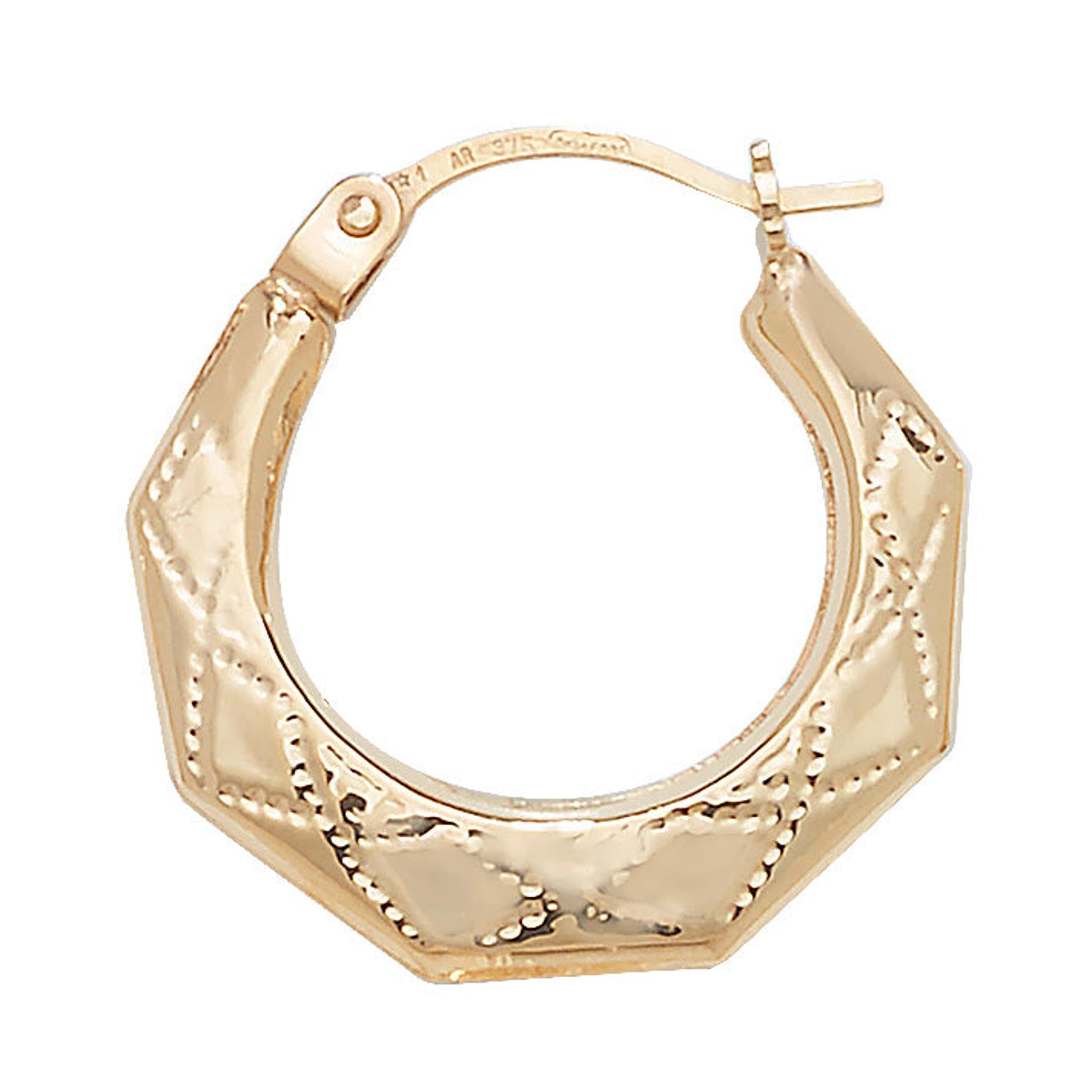 These 9ct gold small round diamond creole earrings feature a faceted geometric design and a hinged clasp, drawing inspiration from classic creole styles.
