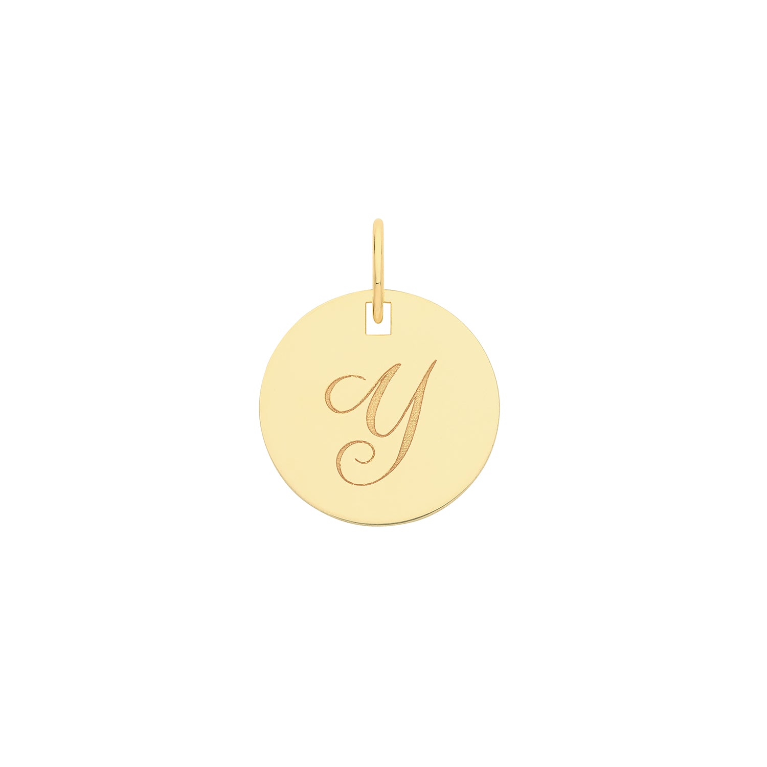 The 9ct Yellow Gold Round Disc Initial Pendant features a small top loop and is engraved with a cursive lowercase "y" at its center.