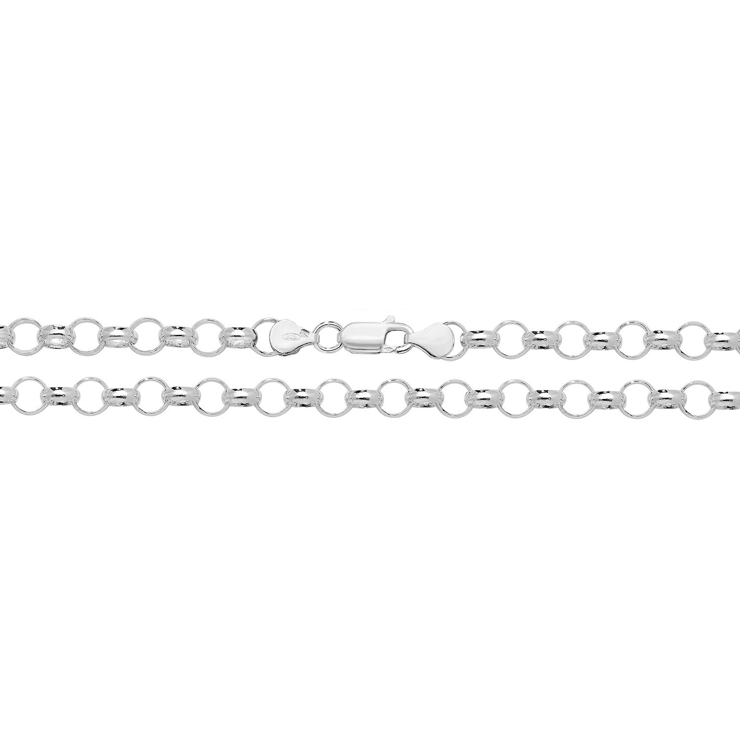 Two STERLING SILVER 22 INCH ROUND HEAVY WEIGHT BELCHER CHAINS lie parallel, each featuring a lobster clasp at the center.