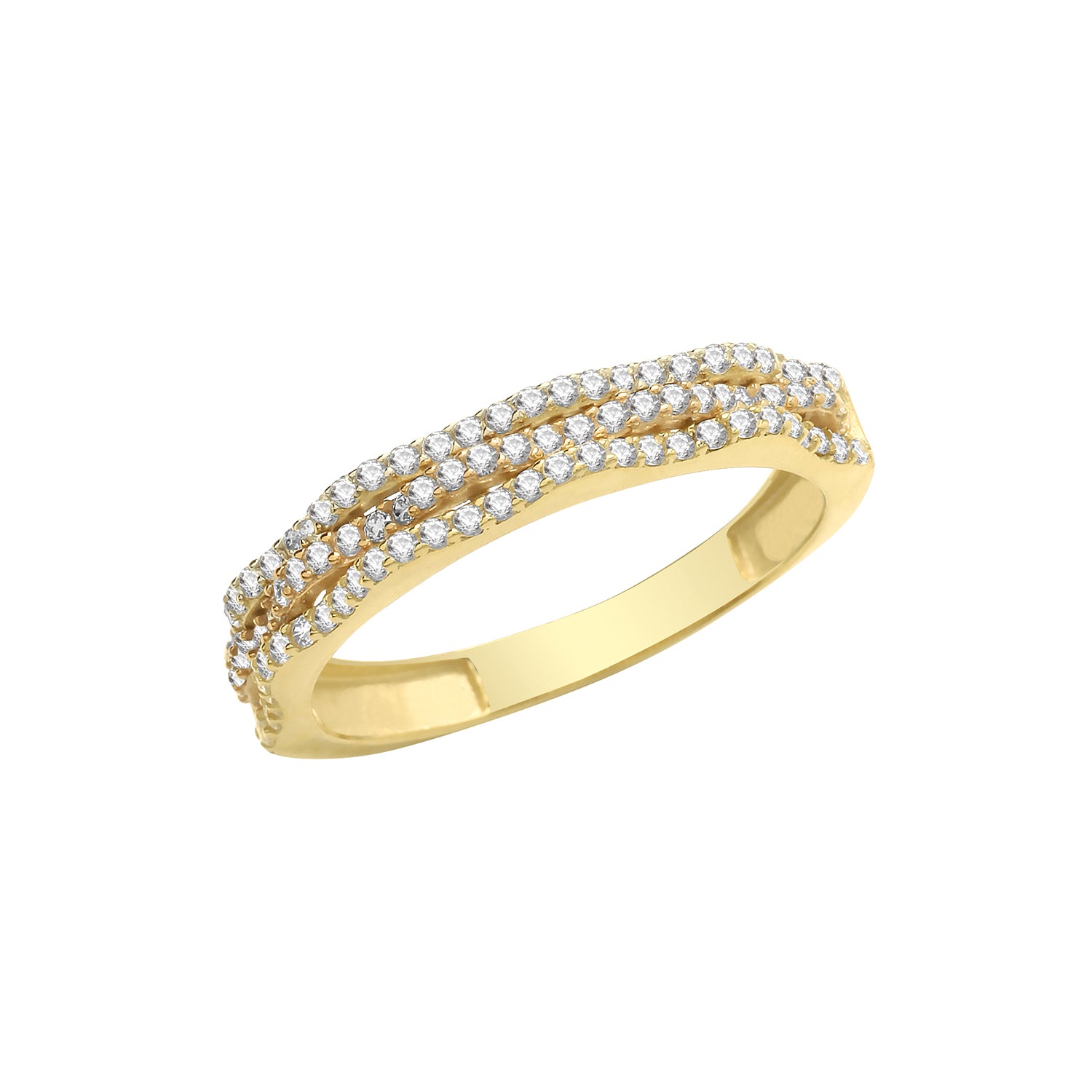 A beautiful 9ct gold ladies 3 row band ring set with sparkling cubic zirconia stones across the top.