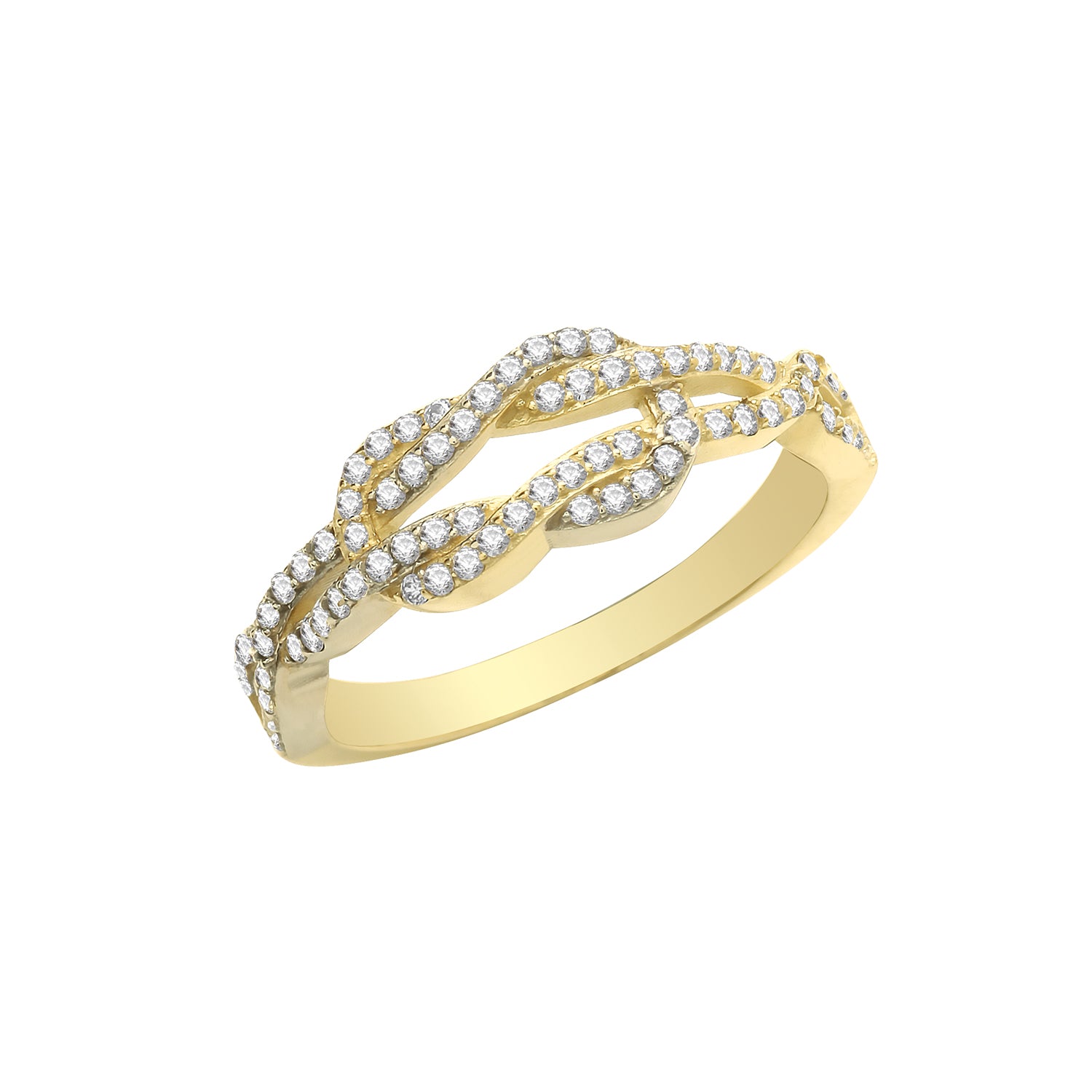 A 9ct gold ladies knot ring with two interwoven bands, each set with small round cubic zirconia stones.