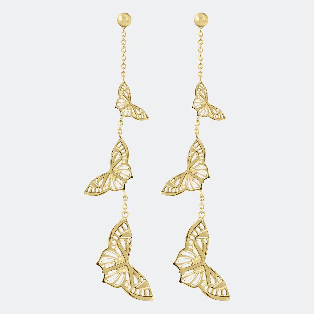 The Sara Millar Kew Butterfly Drop Earrings (SAJ1006) feature three gold-plated butterfly charms on each drop earring, joined by delicate chain links, inspired by the Kew Collection.
