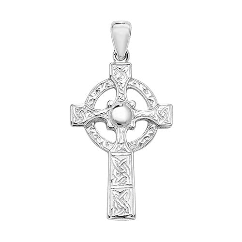 The STERLING SILVER IRISH CELTIC CROSS PENDANT features intricate knotwork and a circular halo, highlighting the timeless elegance of Irish Celtic jewelry against a plain white background.