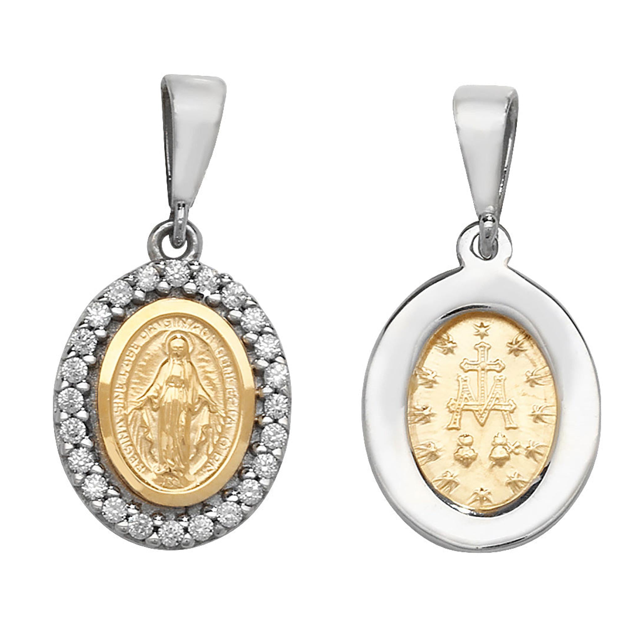 This 9ct yellow and white gold small two-tone miraculous medal features a CZ border, with the Virgin Mary on one side and a symbolic design with stars and cross on the other.