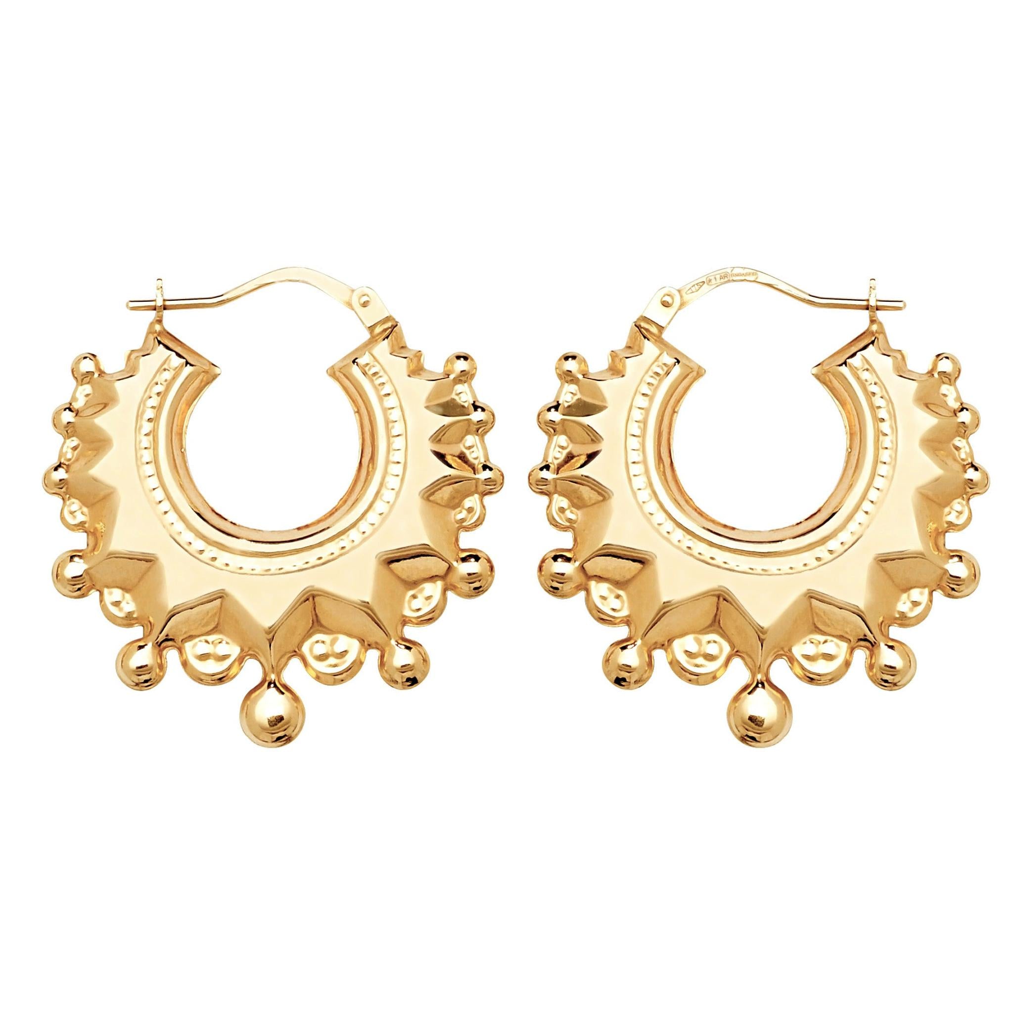 9CT Gold Gypsy Style Creole Hoop Earrings crafted in 9ct yellow gold, feature ornate scalloped edges and decorative bead-like details along the lower curve.