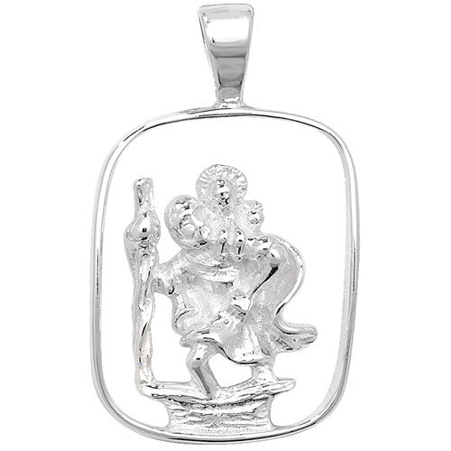 The SILVER ST CHRISTOPHER OPEN CUT MEDAL features a raised robed figure carrying a child, set within a rectangular open-cut pendant frame.