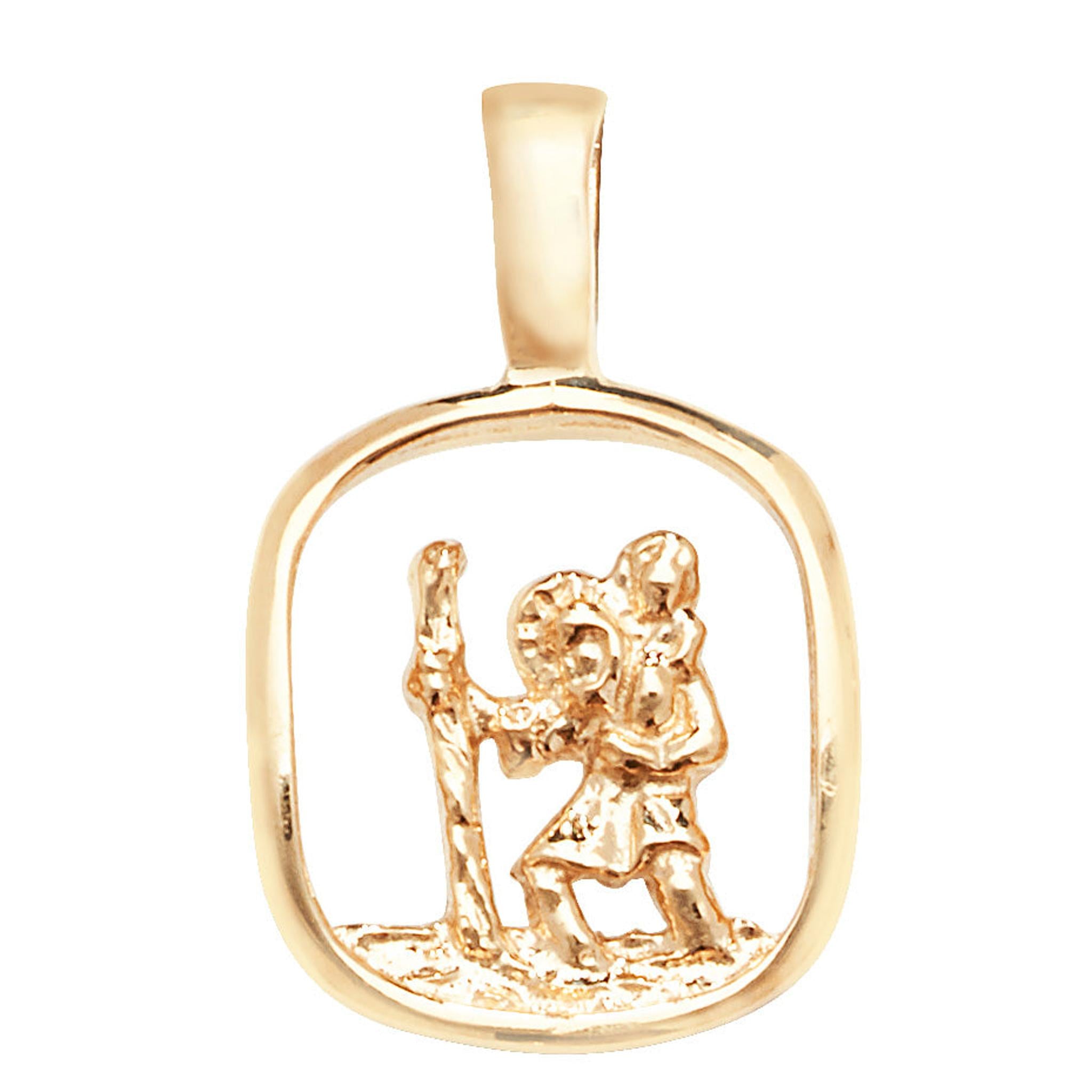 9ct gold St Christopher small cut-out pendant featuring a relief of the patron saint with staff and child, set within a square frame with rounded edges.
